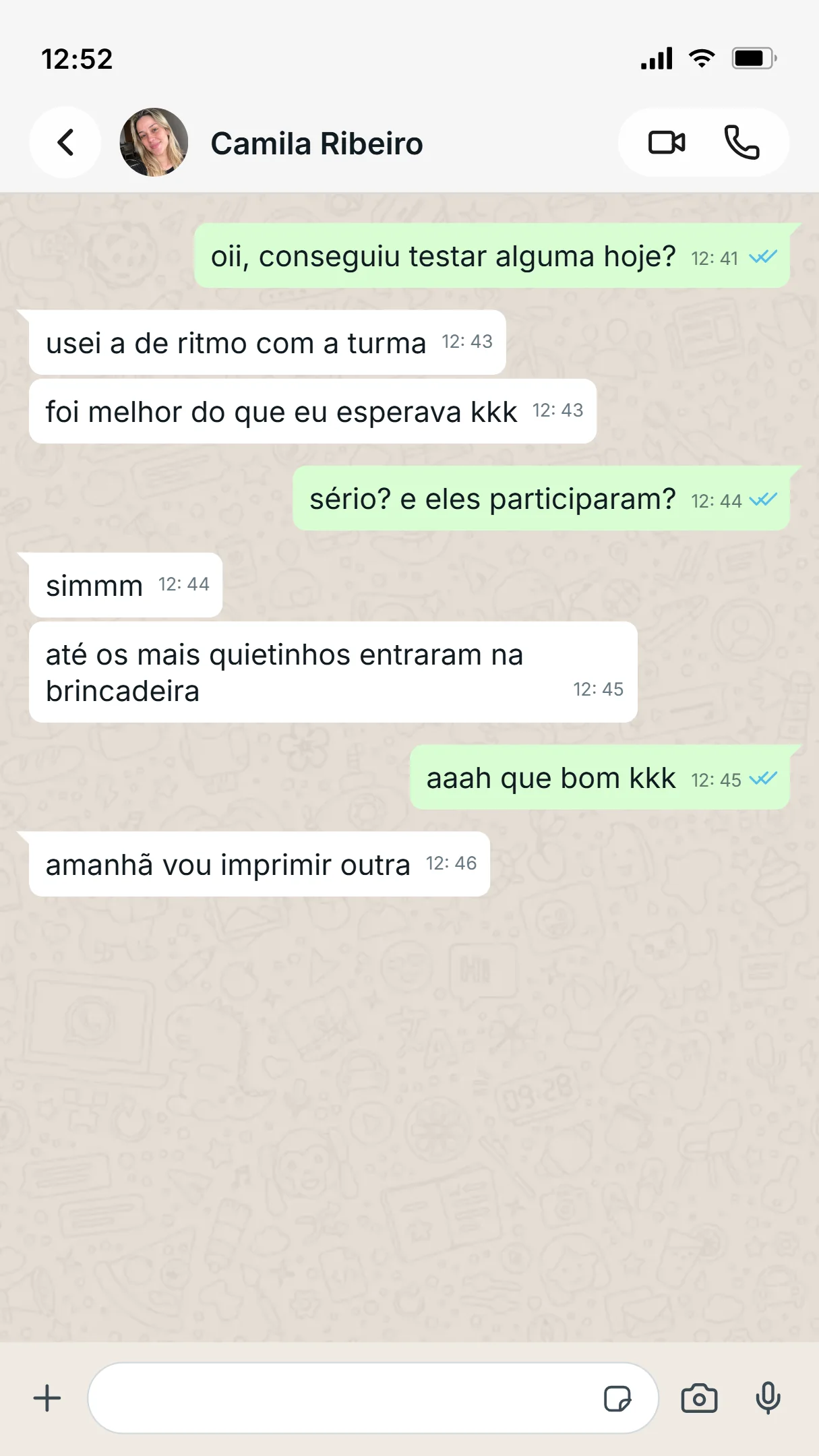 Conversa de depoimento de Camila Ribeiro sobre uma atividade de ritmo aplicada com a turma